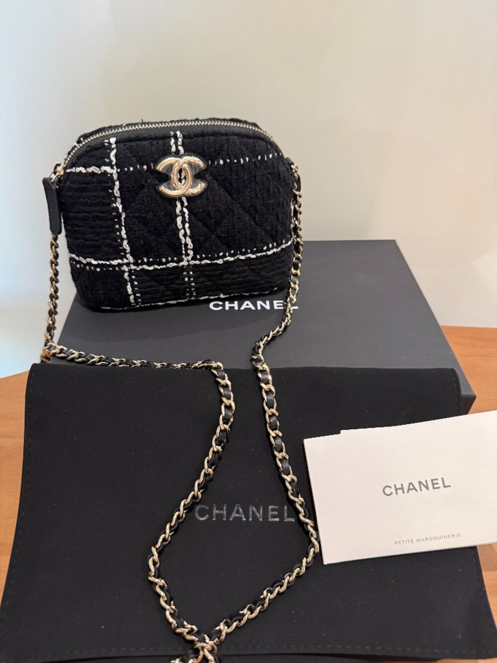 Chanel Tweed Quilted Mini Clutch With Chain Black White Brand New w/o Tag
